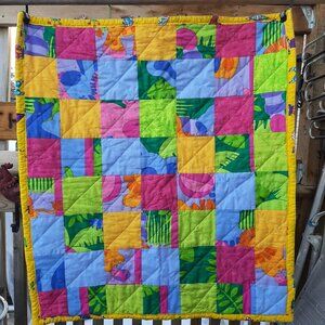 Handmade Fabric Baby Quilt Hand Quilted Cotton 30" x 34"